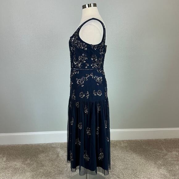 Aidan Mattox Beaded Tulle Sleeveless A-Line Midi Cocktail Dress Blue Size 14 - Picture 5 of 12